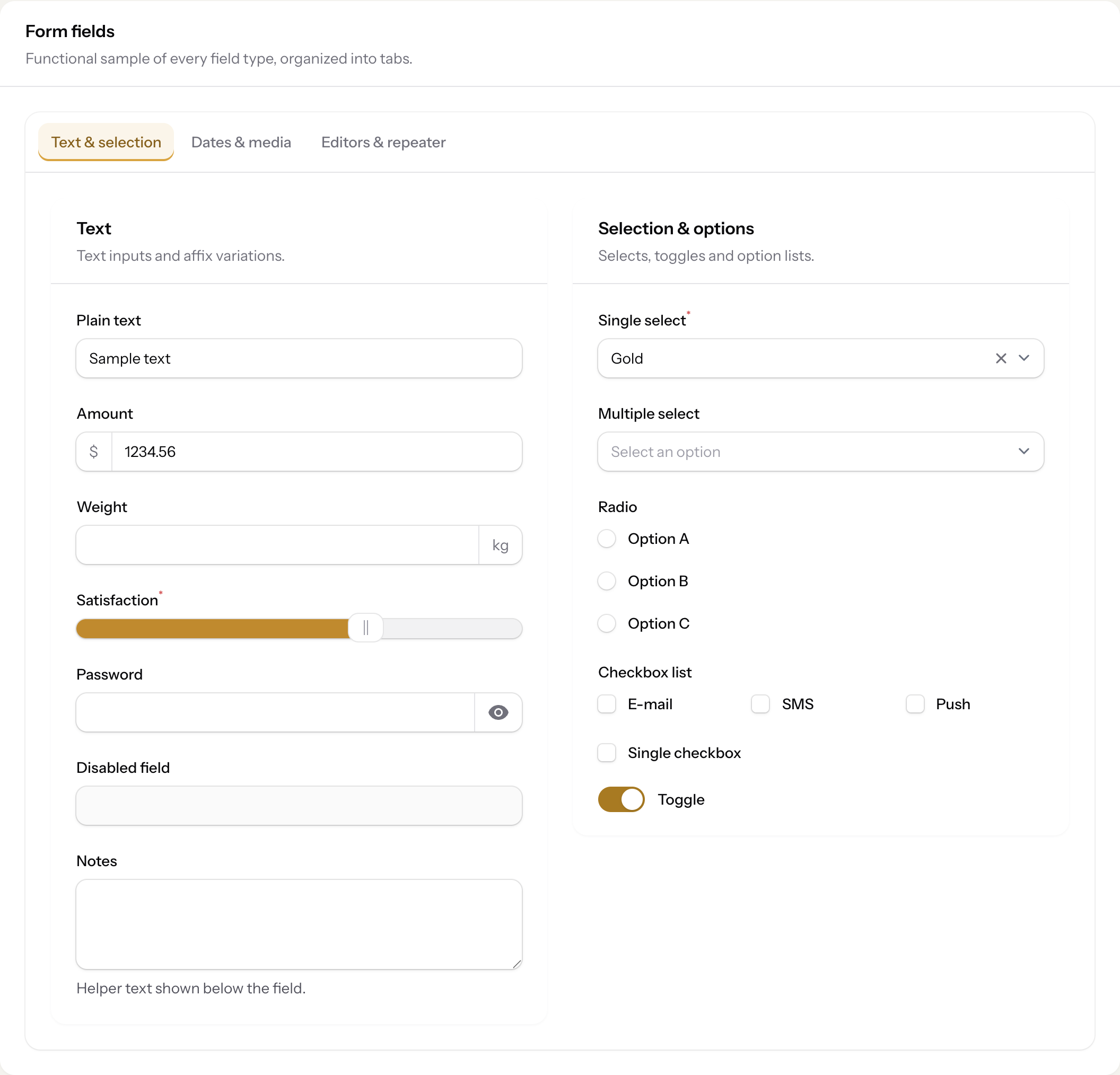 Form fields β text inputs, selects, radio, checkbox list and toggle, Gold preset