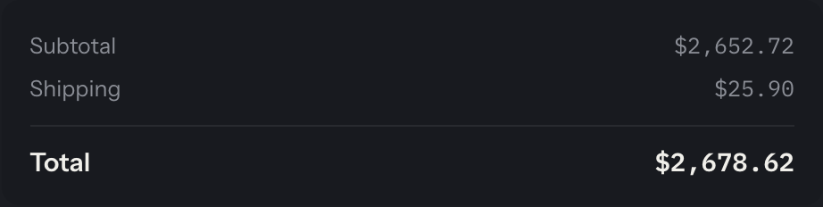 TotalsBlock, dark mode β Subtotal, Shipping and Total rows with tabular numerals