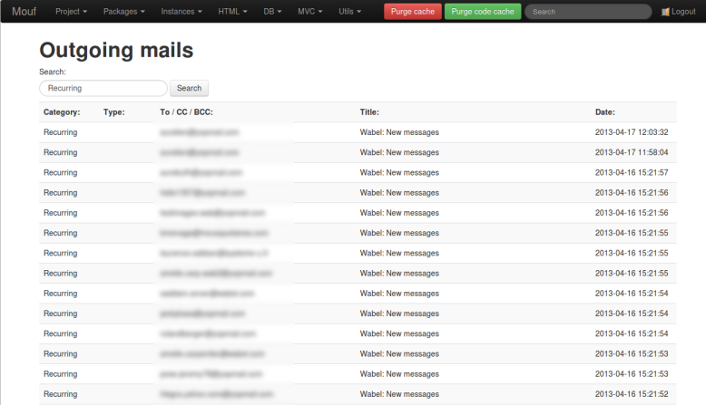 Mouf's DBMailService Outgoing Mails screenshot