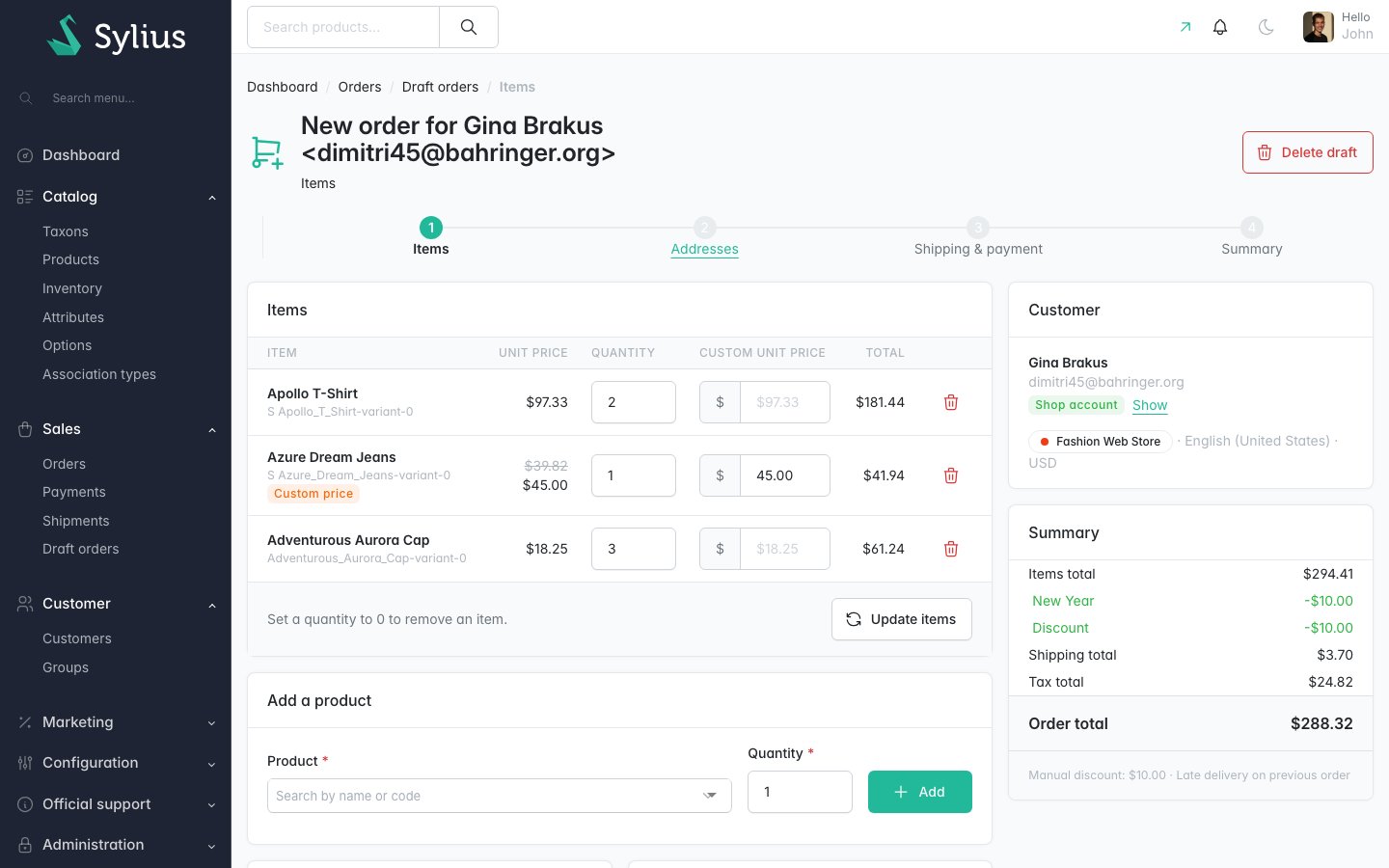 Items step: products added with quantities, a custom unit price and a manual discount, with live totals