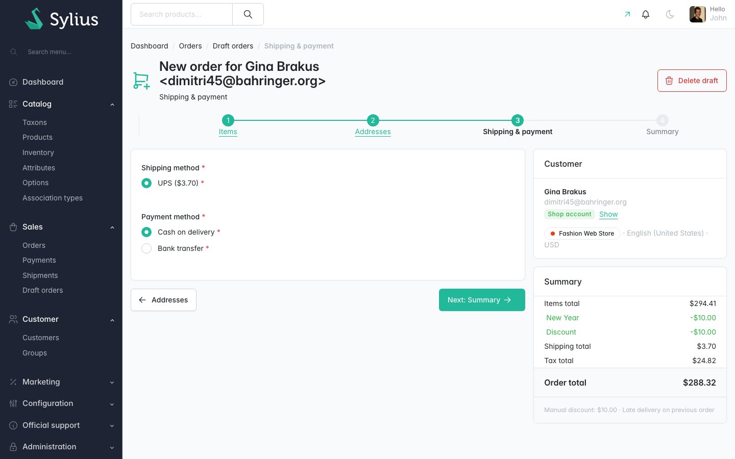 Shipping and payment step: methods offered by the core resolvers for the order