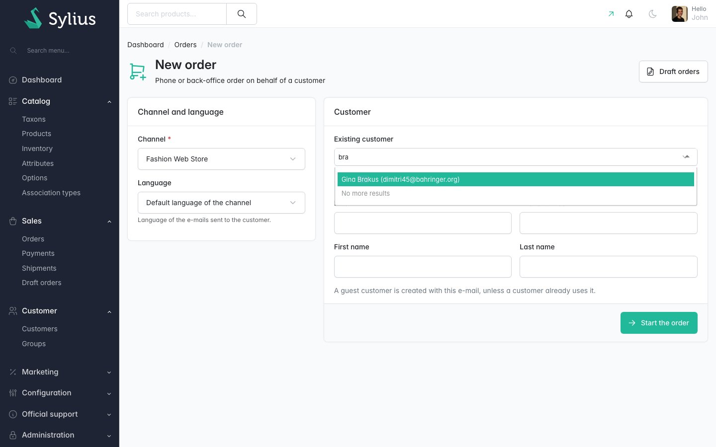 New order page: channel, language and an existing or new guest customer