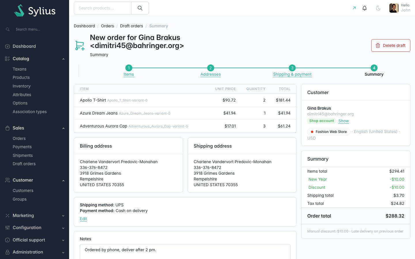 Summary step: items, addresses, methods, notes and e-mail options before placing the order