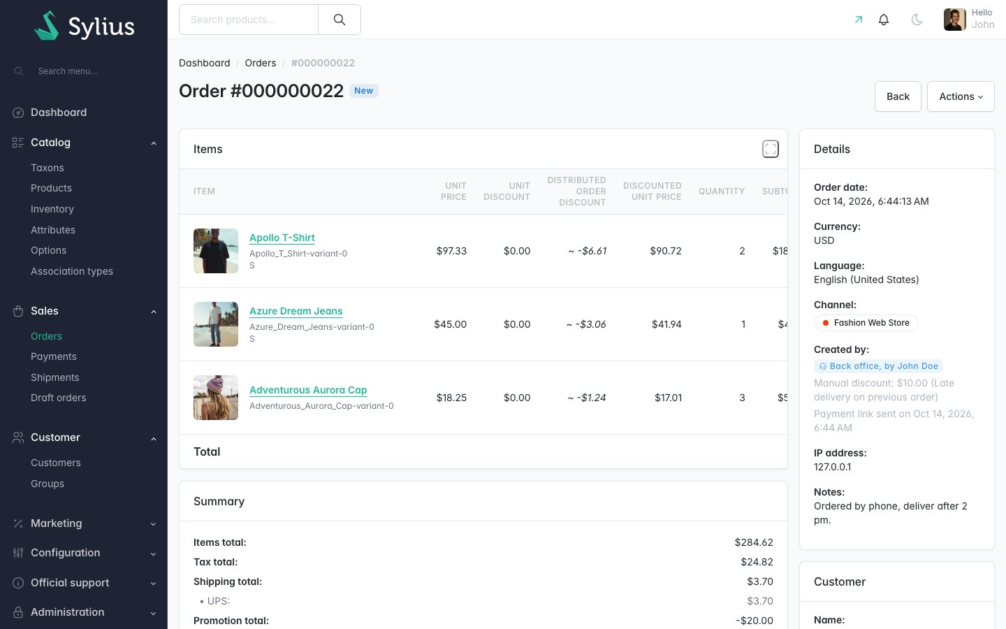 Placed order in the admin, created by the back office with the manual discount reason and payment link