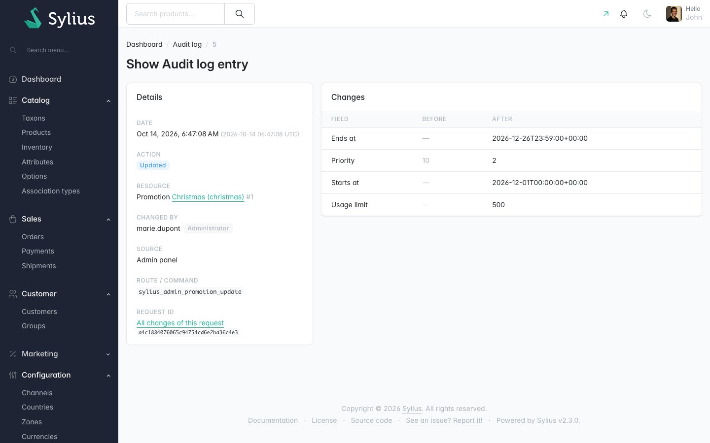 Audit log entry page showing who changed a promotion, from where, and a before/after diff of the changed fields