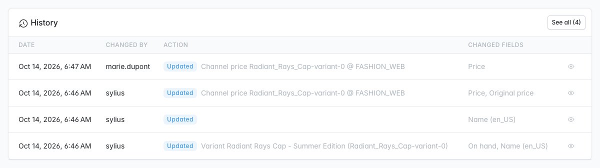 History card on a product page listing the latest changes of the product, its variant and channel prices