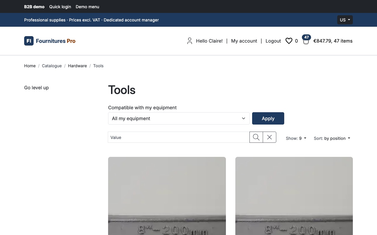 Catalogue filtered on the parts compatible with the customer's equipment