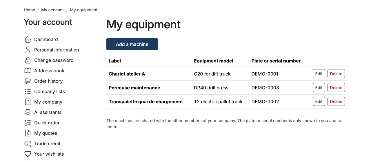 My equipment: the machines declared in the customer account