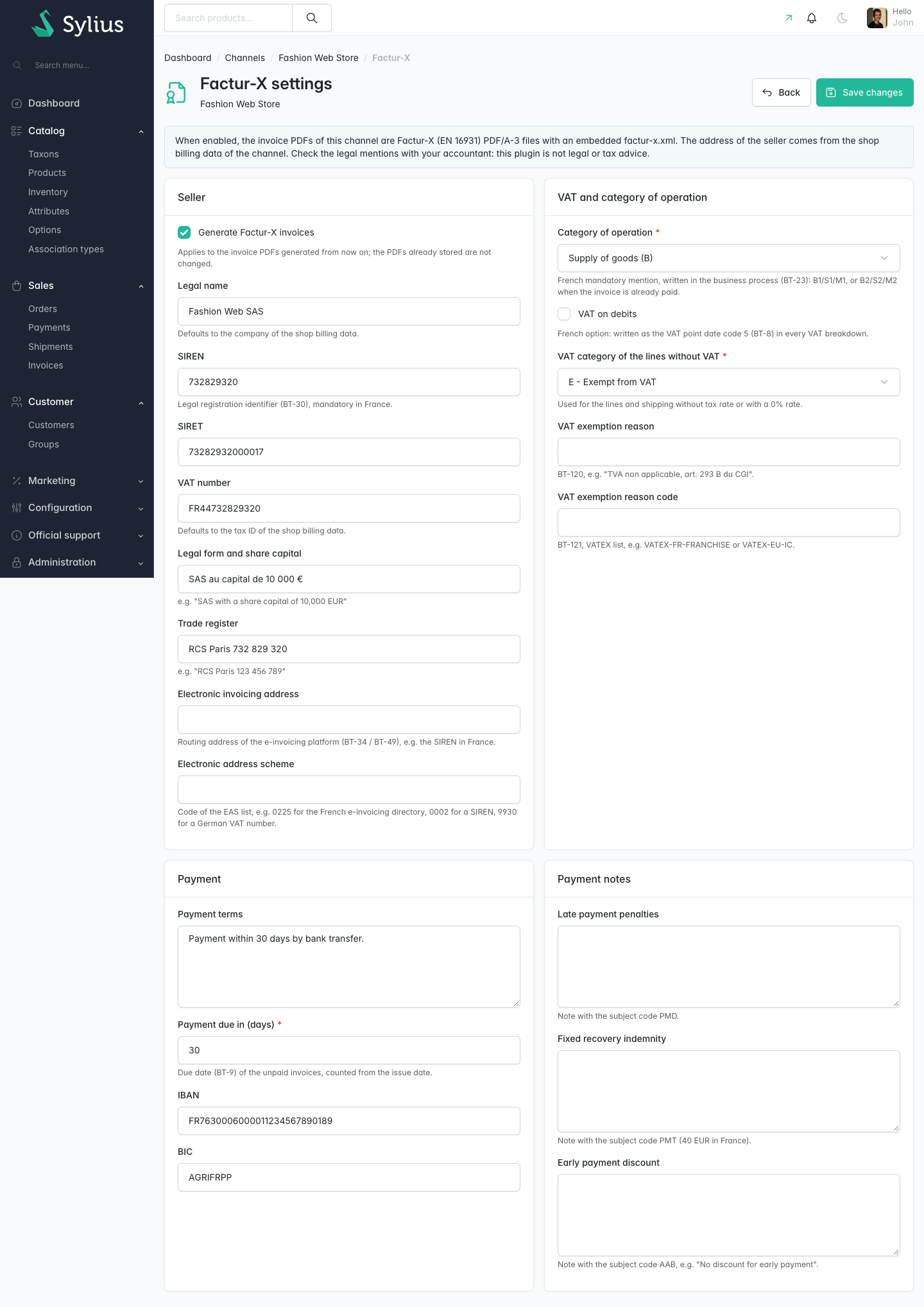 Factur-X settings of a channel