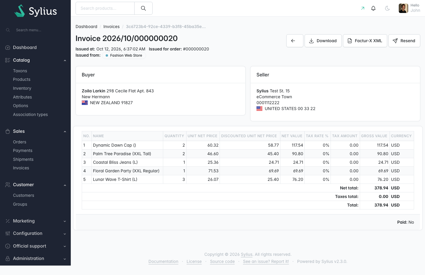 Invoice page with the Factur-X XML download