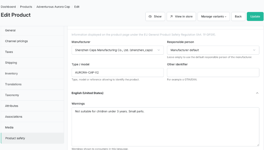 Product safety tab in the admin product form