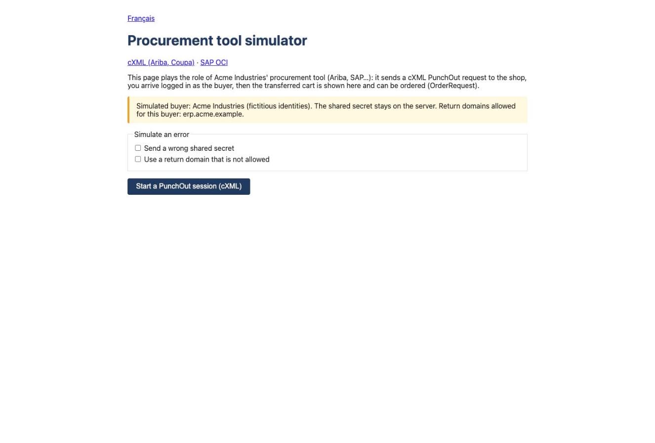 Procurement tool simulator of the demo, from which a PunchOut session is started