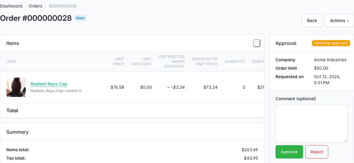 Approval card on the admin order page