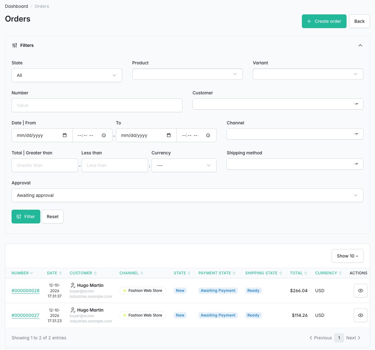 Admin orders grid filtered on Awaiting approval