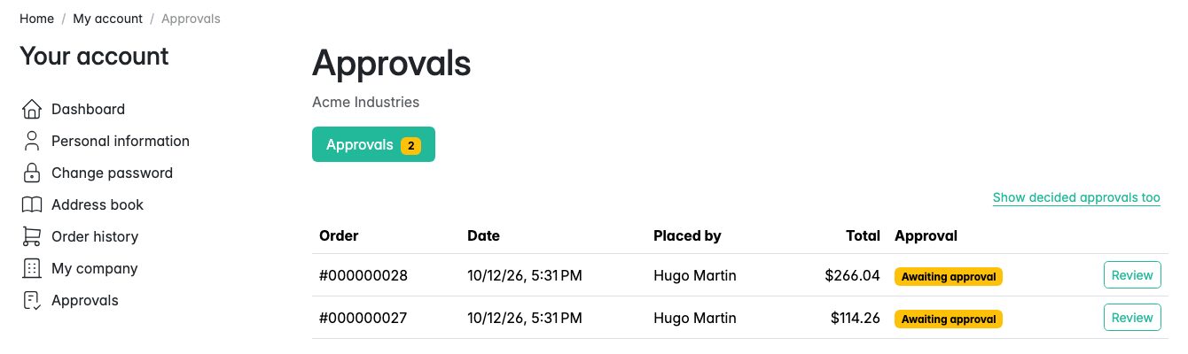 Orders awaiting approval on the approver's Approvals page