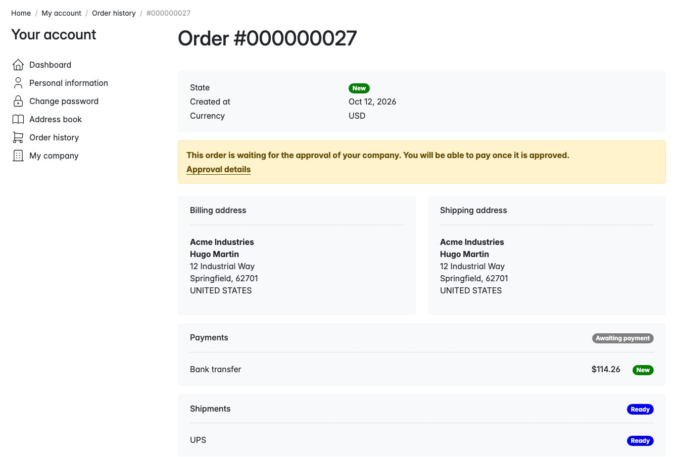 Buyer's order awaiting approval, without the Pay button