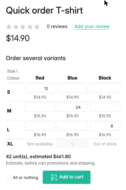 Order matrix on a product page