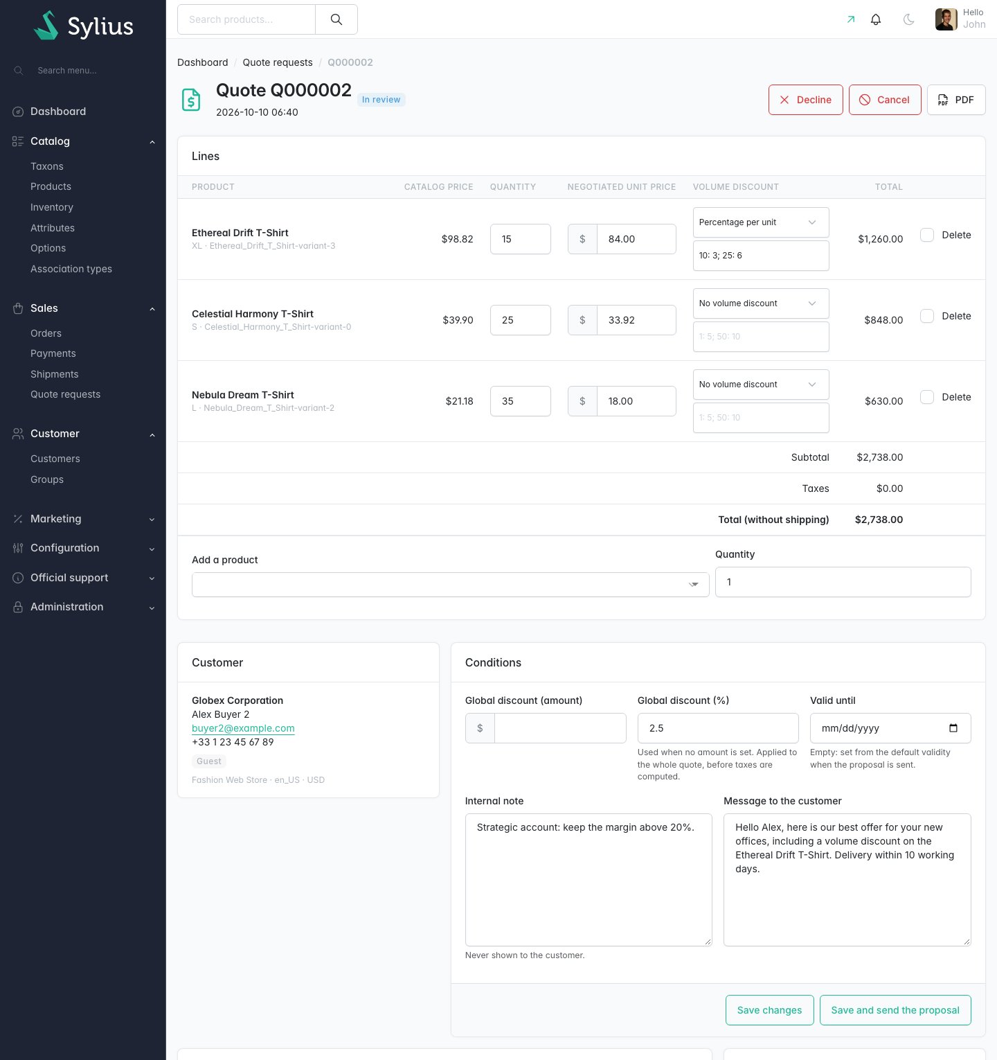 Admin negotiation of a quote: negotiated unit prices, volume discount tiers, global discount, internal note and message to the customer