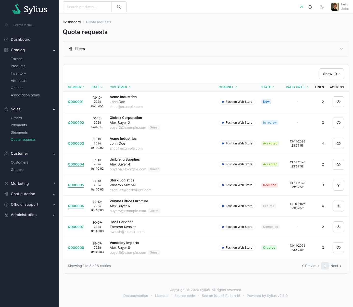 Quote requests in the back office with customer, status, validity and line count