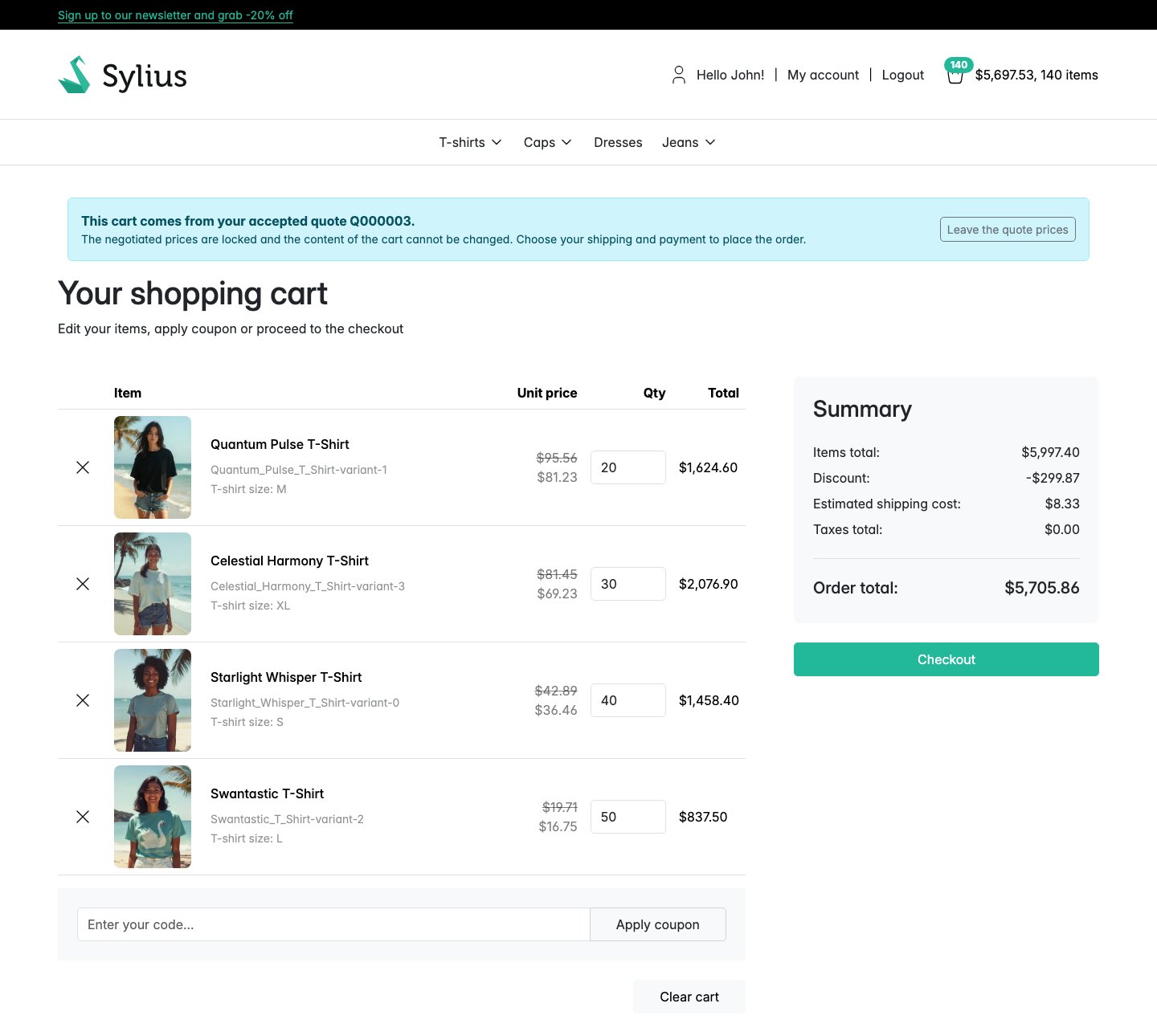 Cart created from an accepted quote with the negotiated prices locked before checkout
