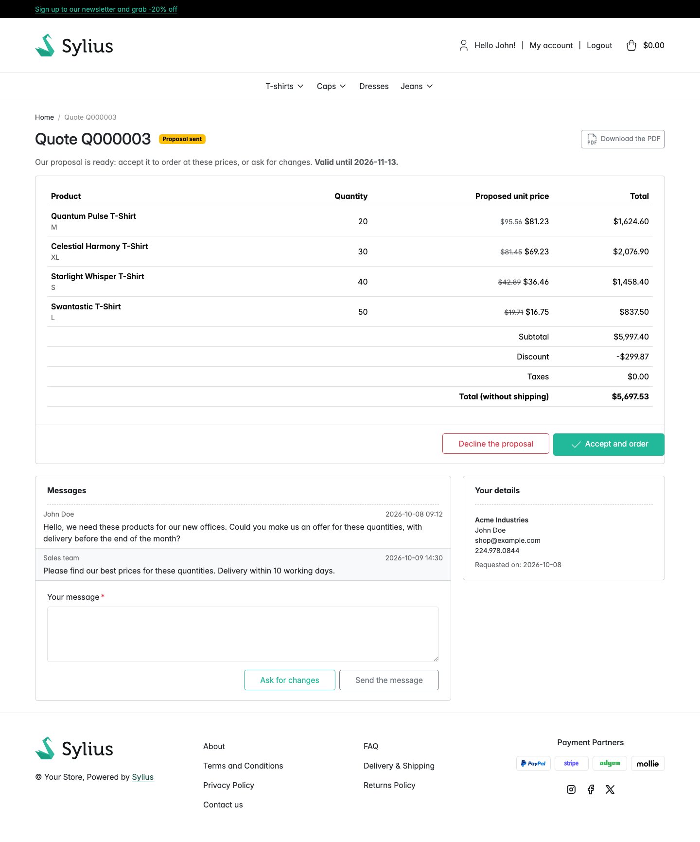 Proposal received by the customer: negotiated unit prices against catalog prices, global discount, totals, accept or decline, and message thread