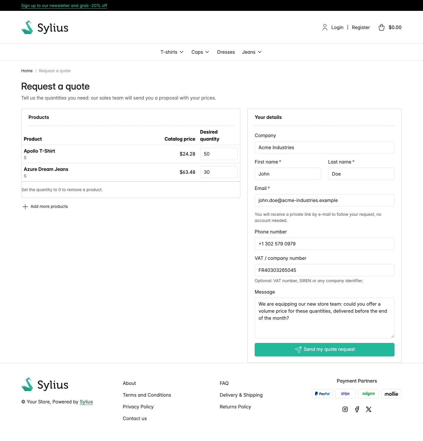 Quote request form in the shop: collected products with desired quantities and the buyer's company details