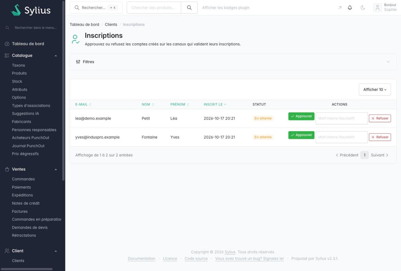 Customers > Registrations: pending accounts with Approve / Reject and an optional internal reason