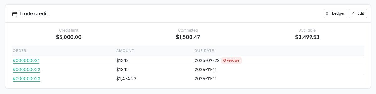 Trade credit card on the customer page