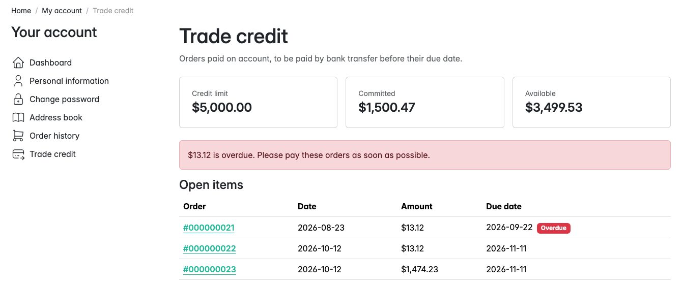 Trade credit statement in the customer account: limit, committed, available and open items