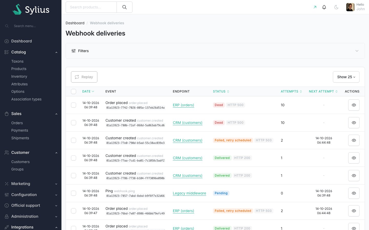 Webhook deliveries list showing delivered, failed with retry scheduled, pending and dead deliveries with HTTP status and next attempt