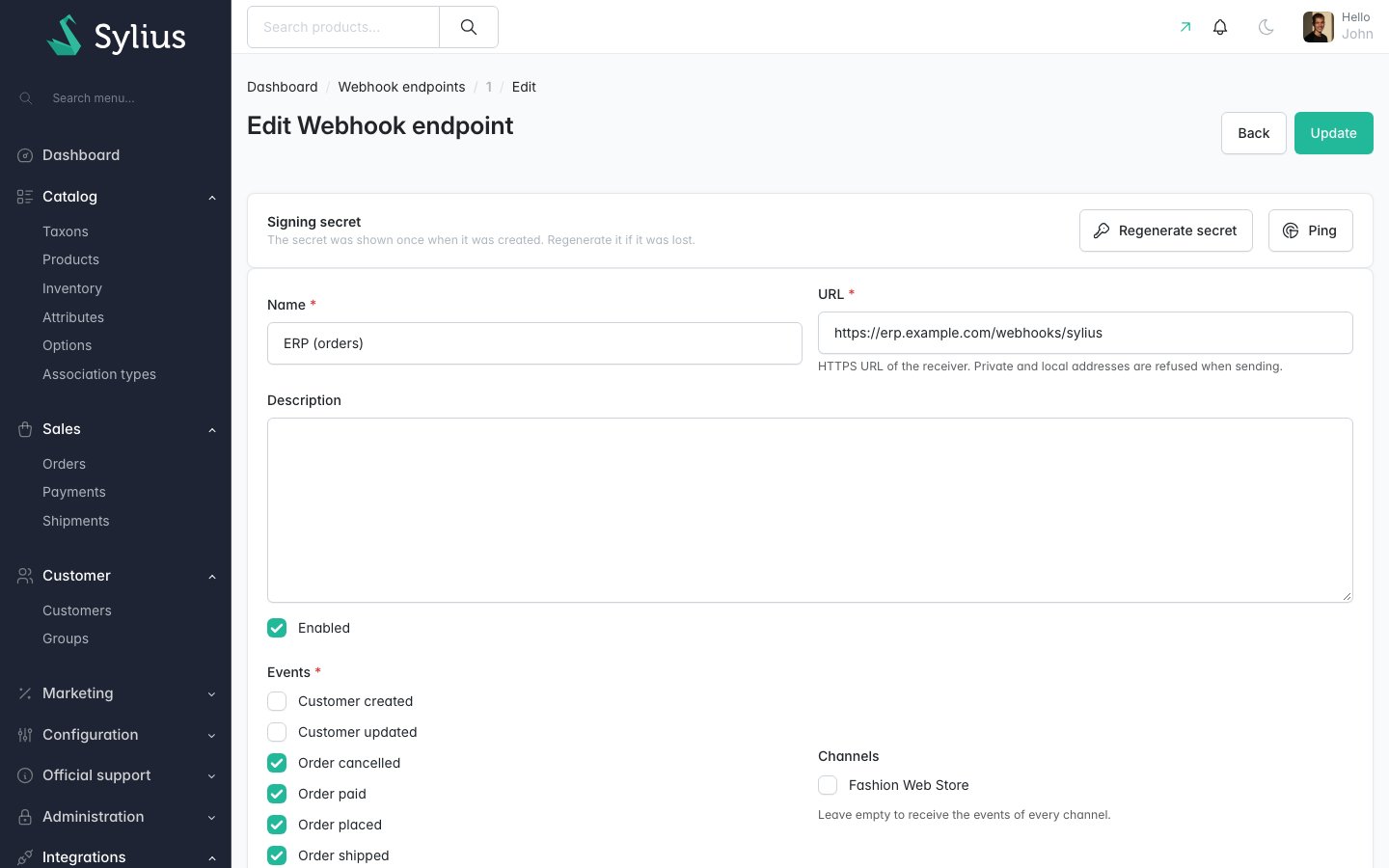 Webhook endpoint form with URL, subscribed events, channels and signing secret actions