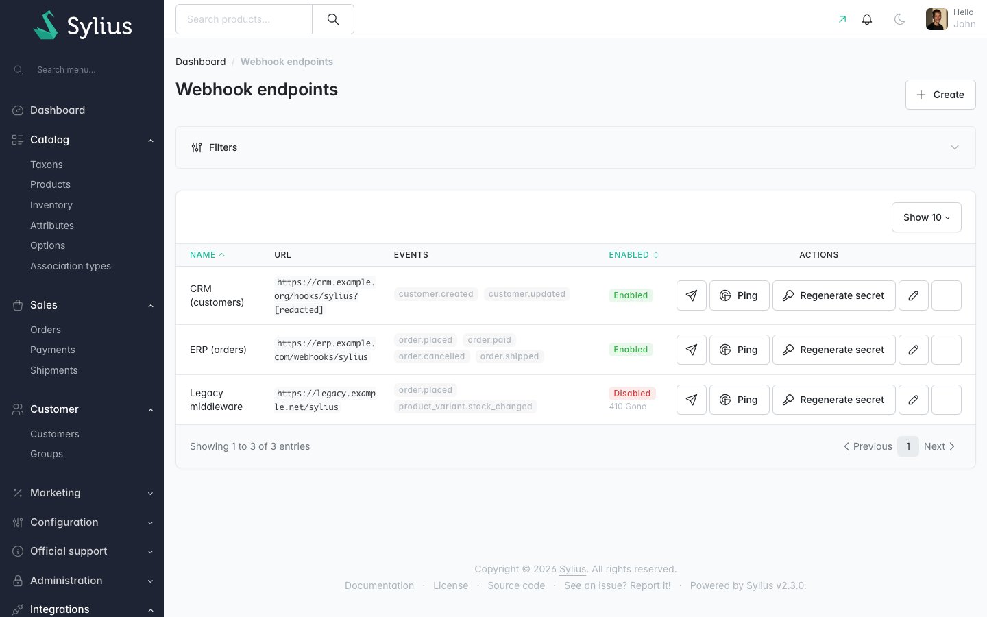 Webhook endpoints list in the Sylius admin with subscribed events, enabled and disabled endpoints, ping and secret regeneration actions
