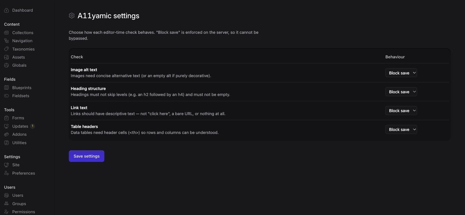 A11yamic settings screen with per-rule Off, Warn, or Block save enforcement