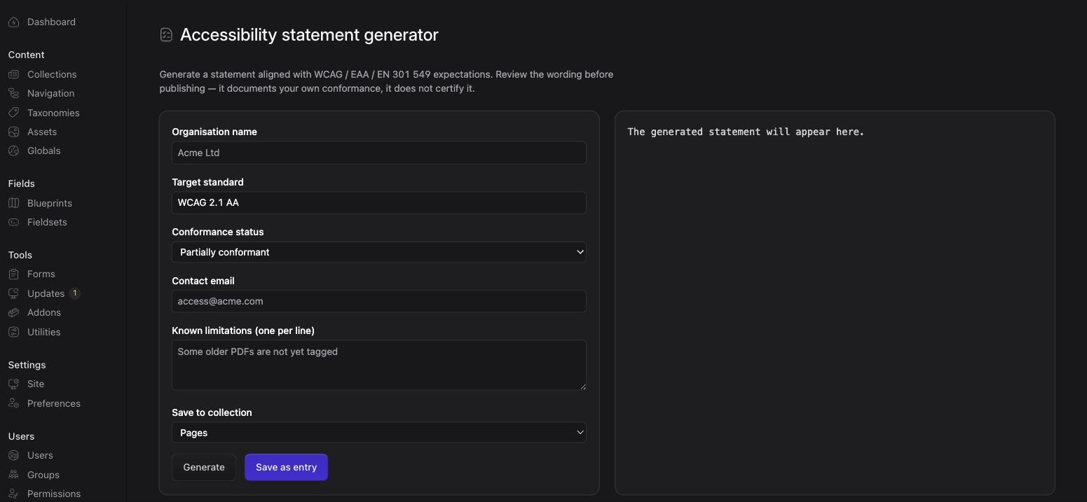 Accessibility statement generator form with organisation, standard, and conformance fields