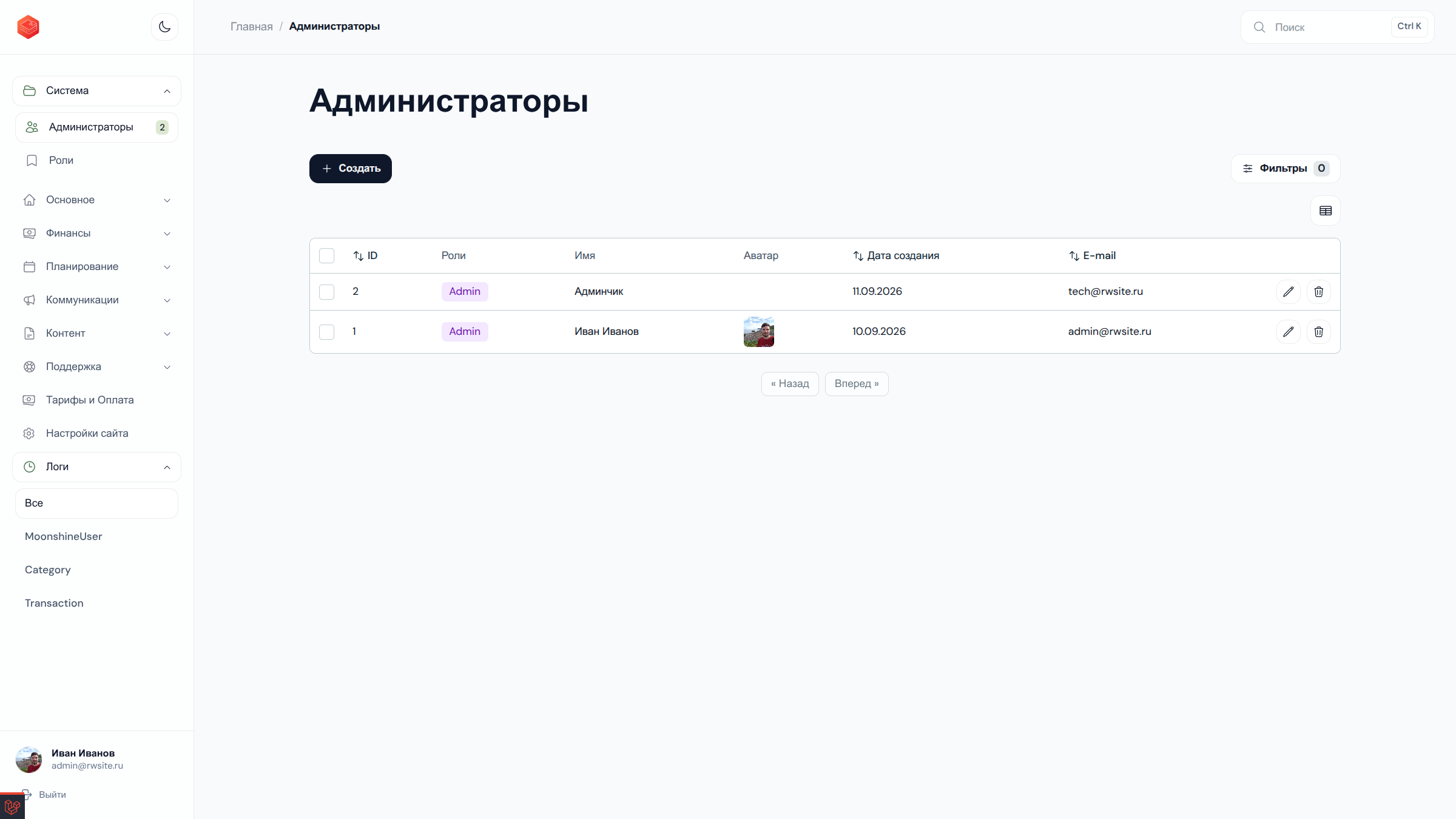 MoonShine resource page with Mushrooms Theme