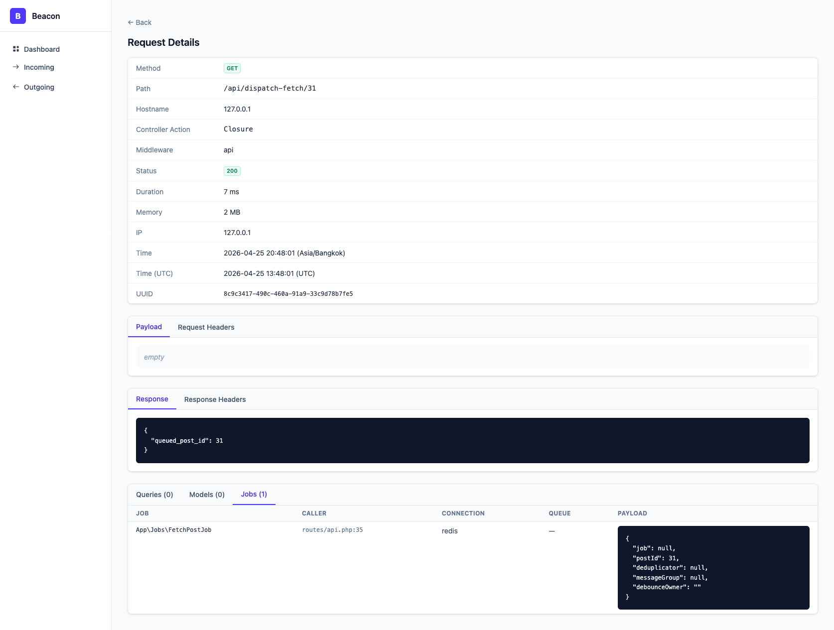 Incoming Request Detail — Queries / Models / Jobs