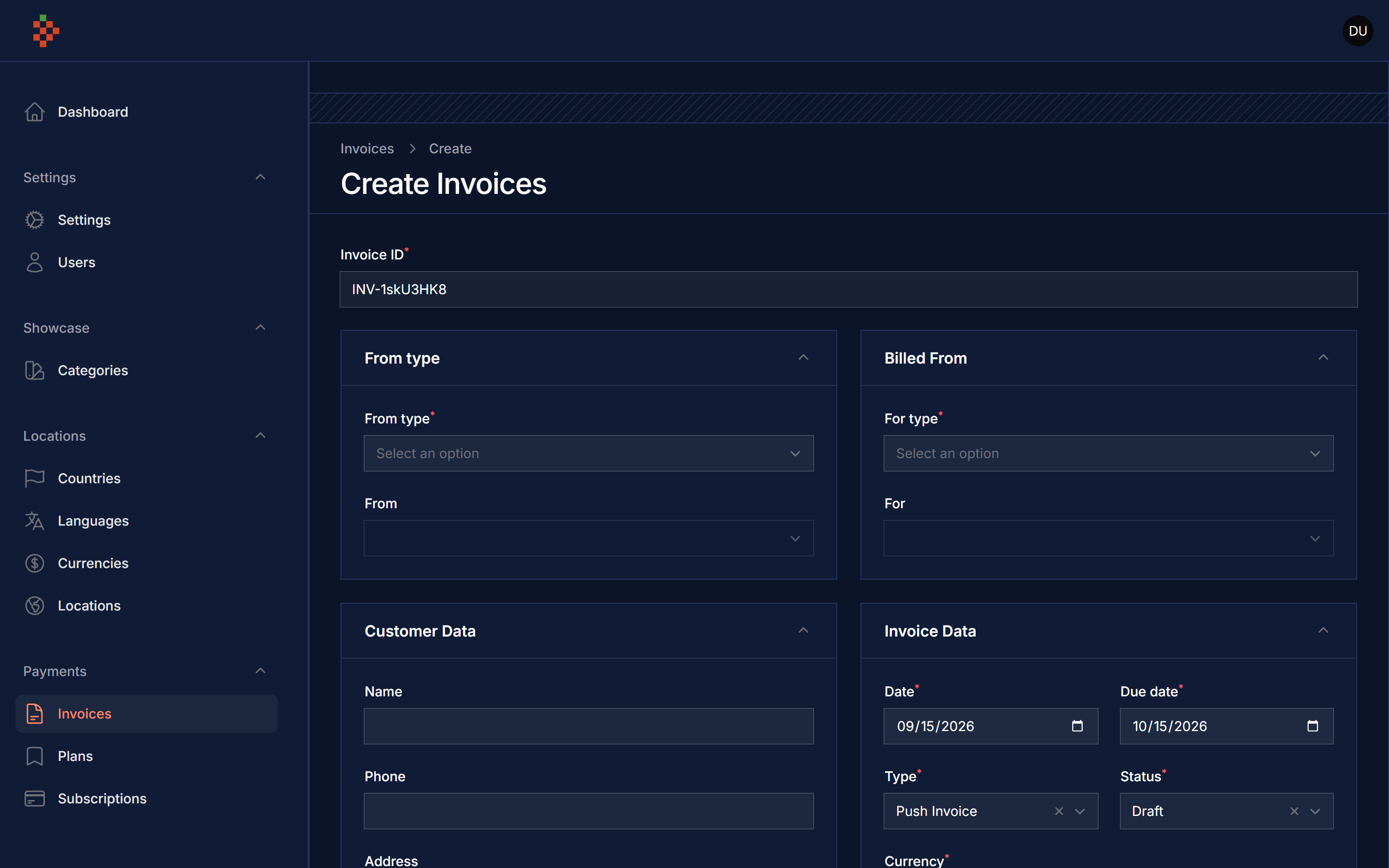 Create Invoice Dark