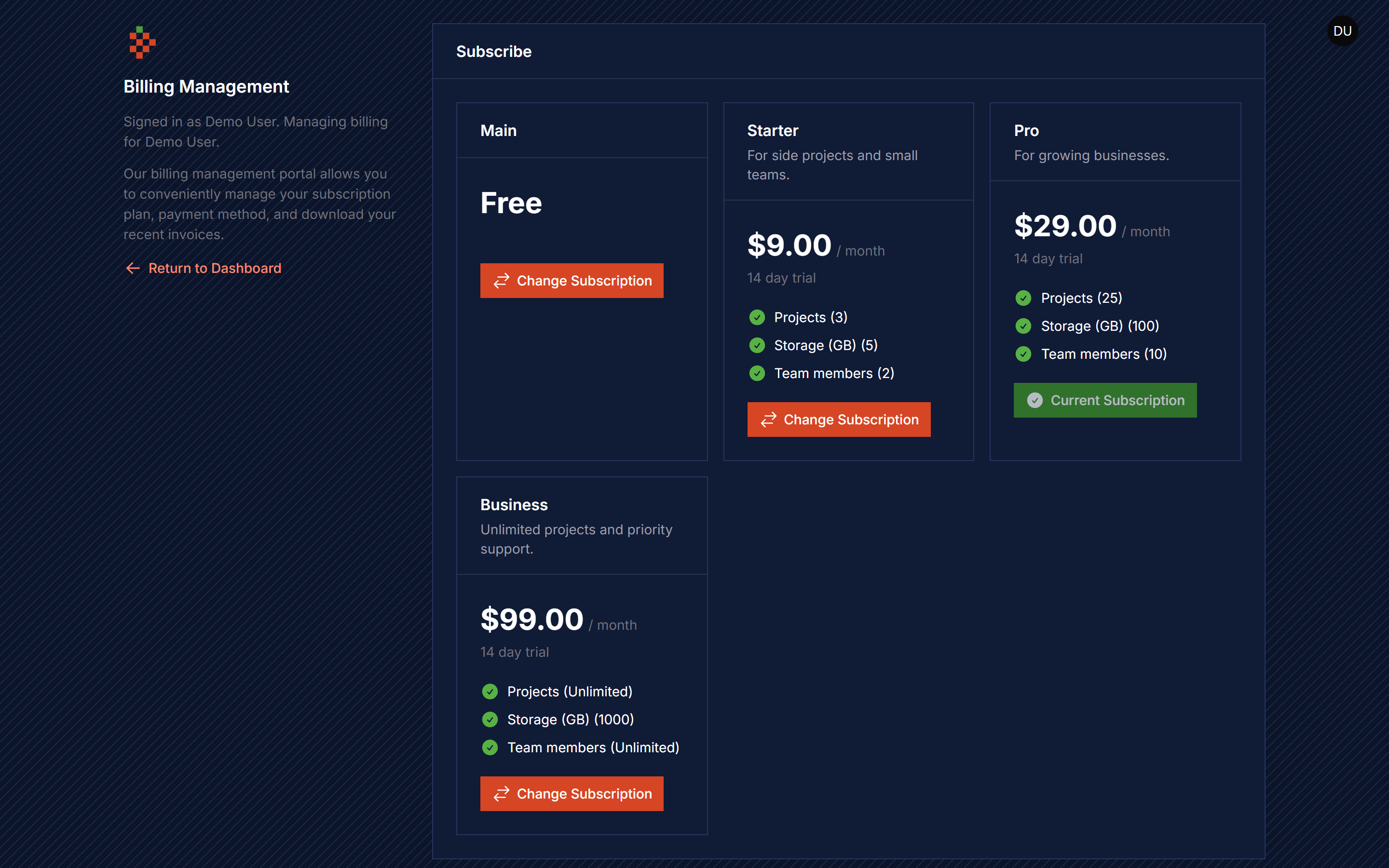 Billing Page Dark
