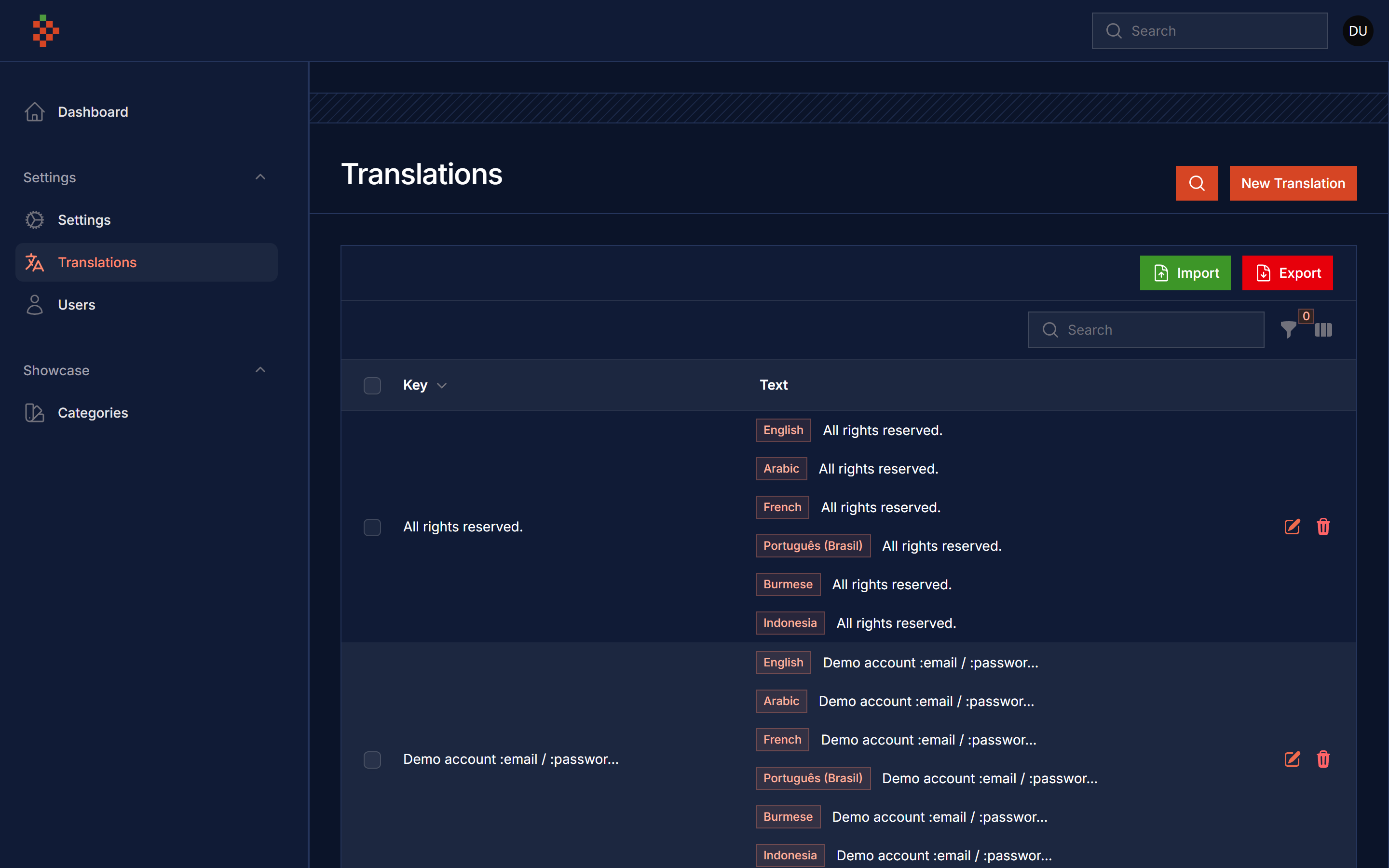 Translations list dark