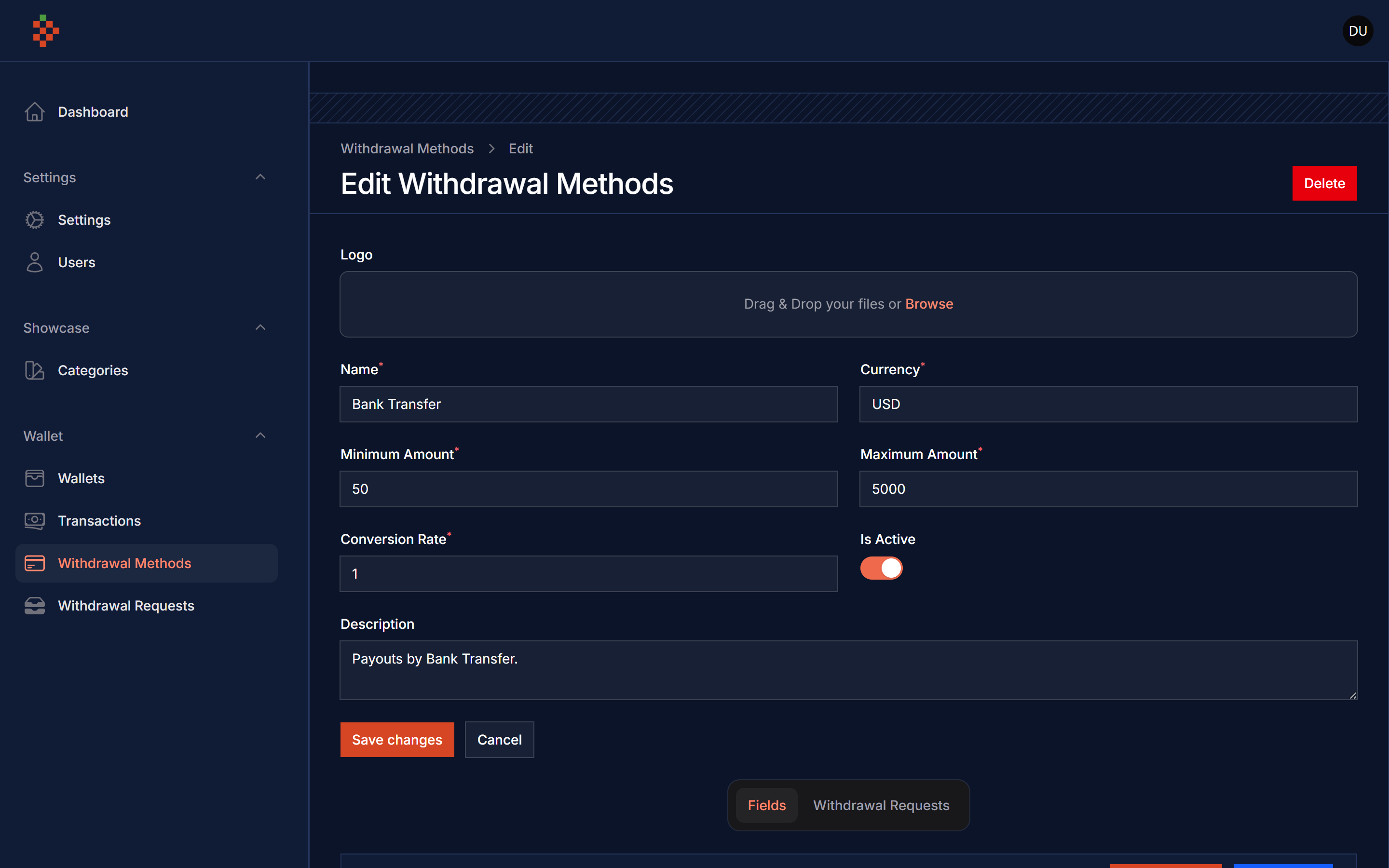 Withdrawal Method Fields Dark