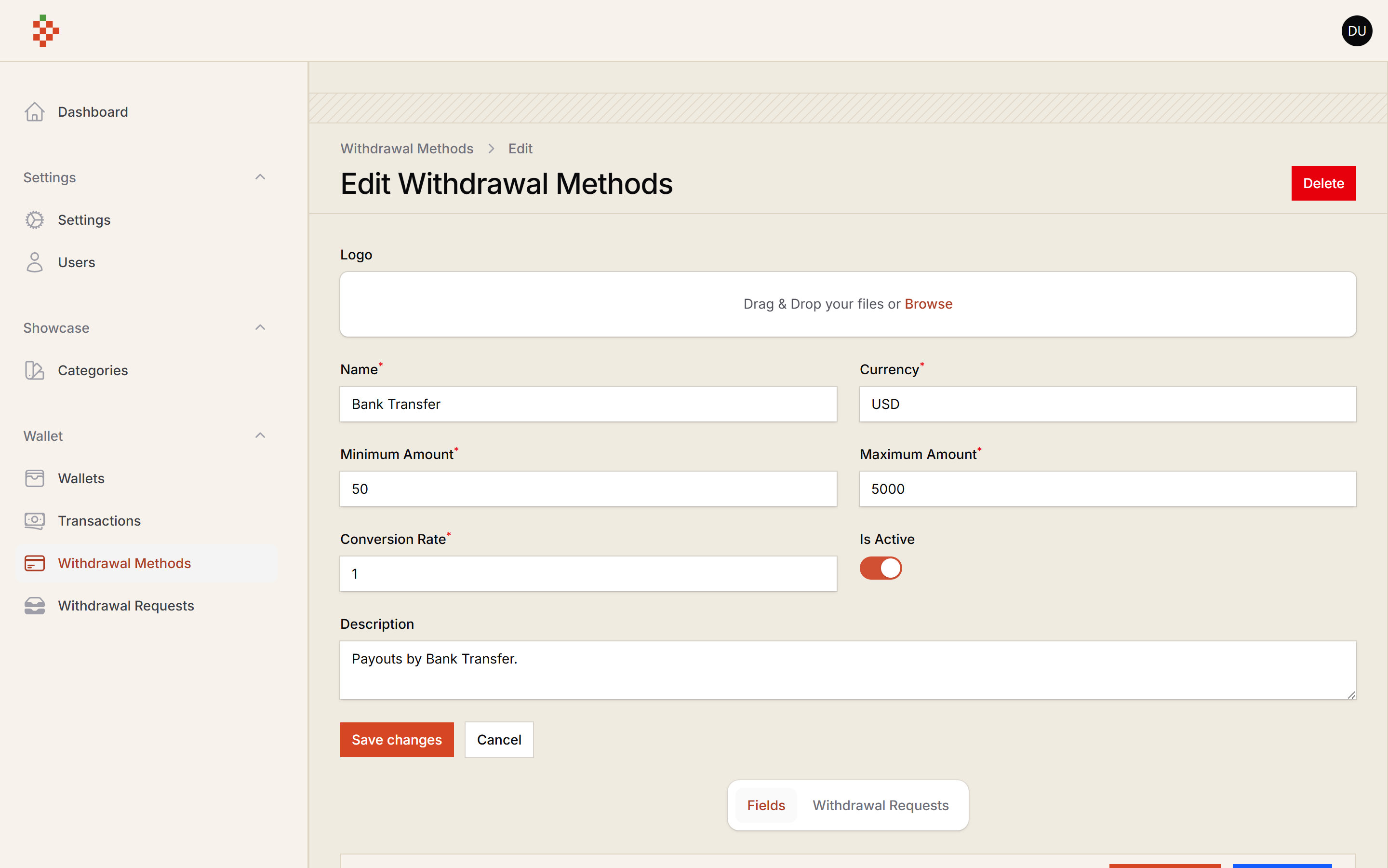 Withdrawal Method Fields