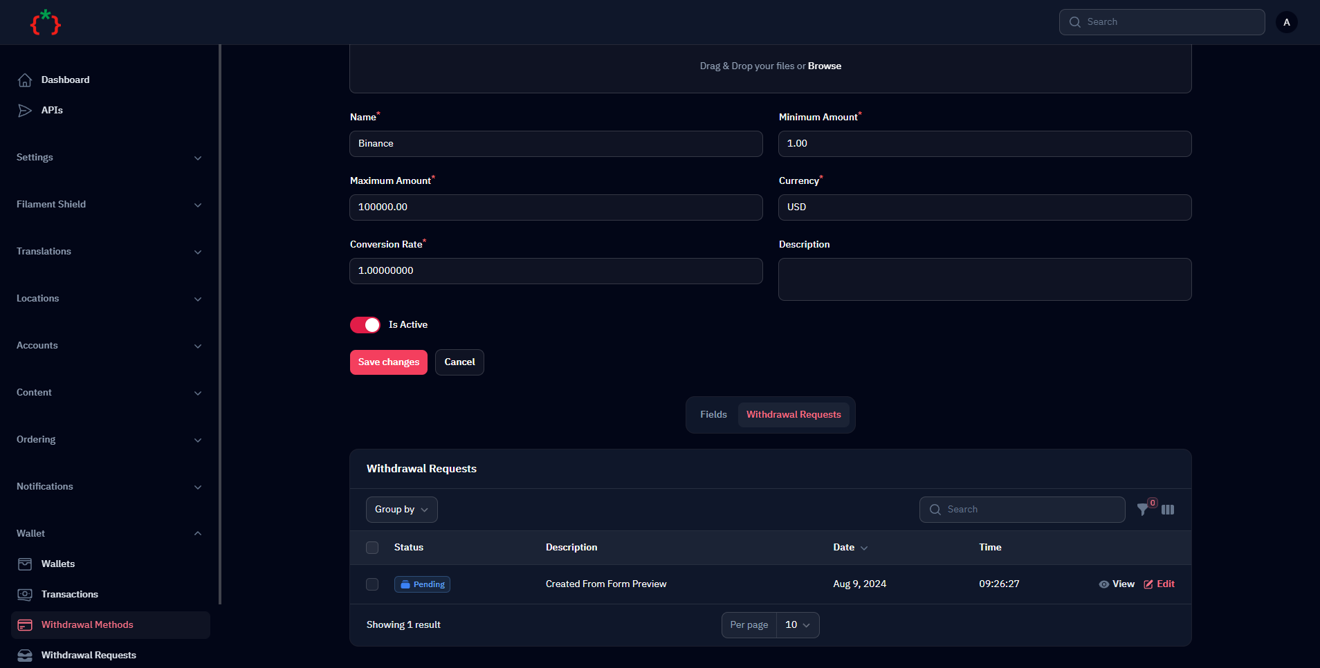 Withdrawal Methods Requests