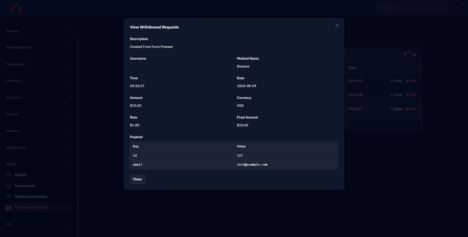 Withdrawal Requests View