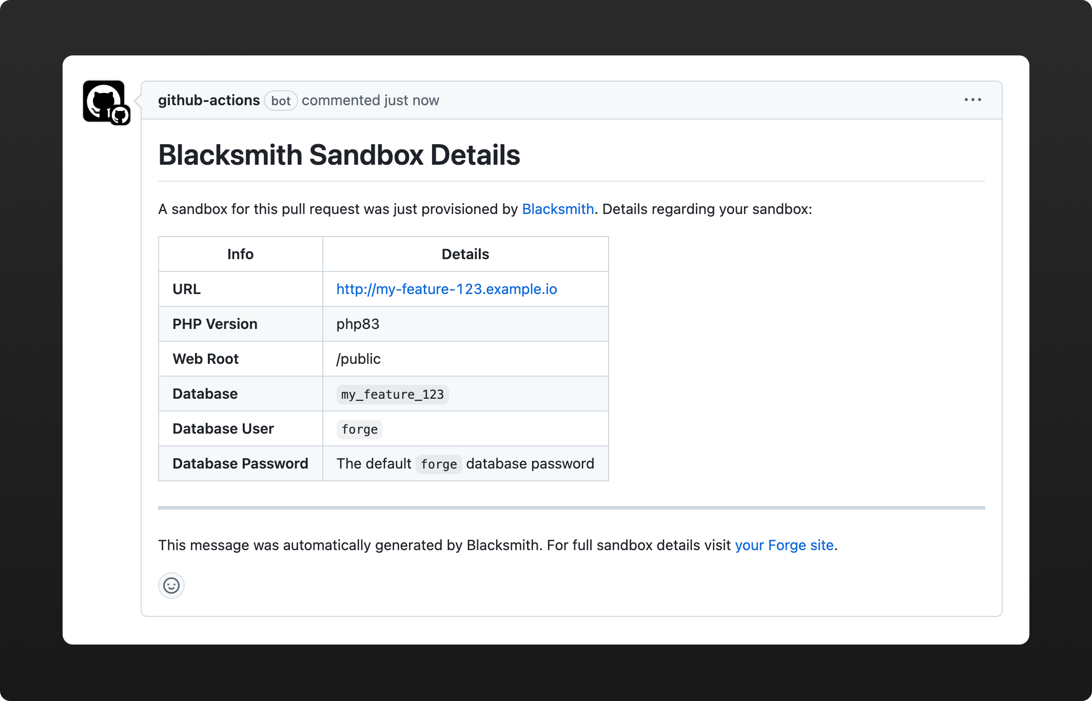 The confirmation notice posted in a pull request when Blacksmith has provisioned a site to your Laravel Forge server