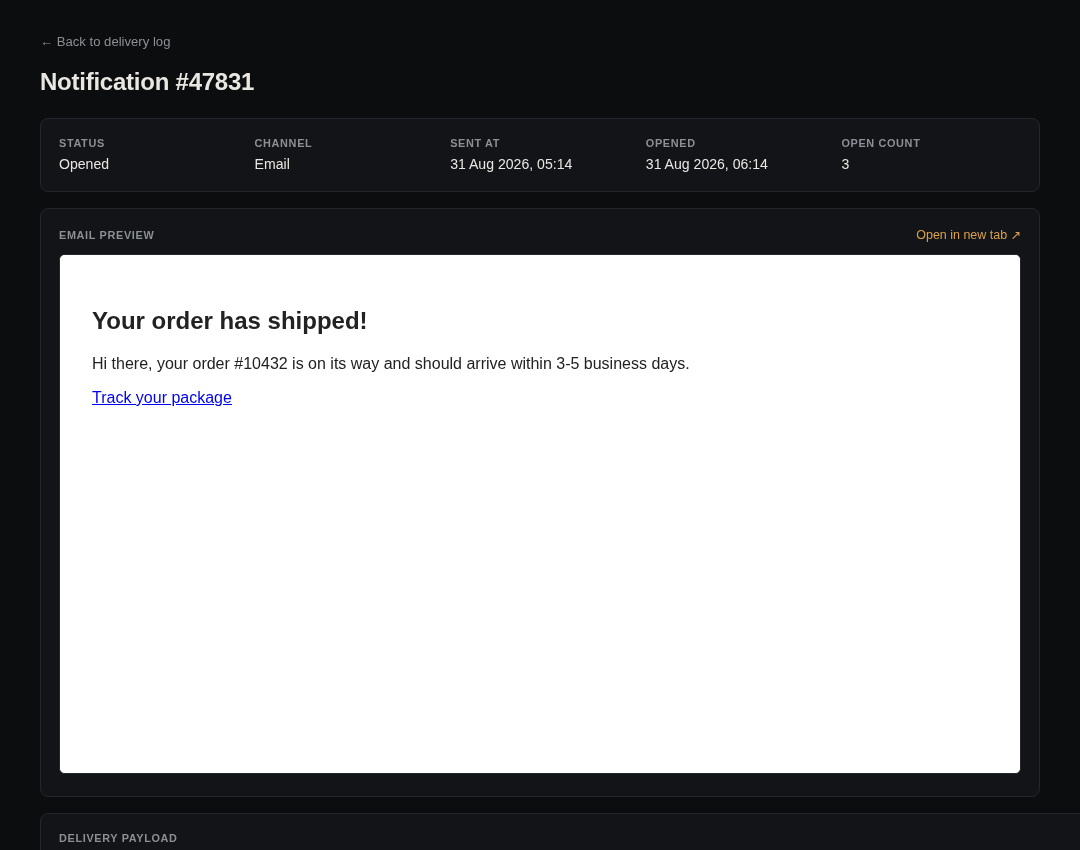 Message inspection page with a non-tracking email preview