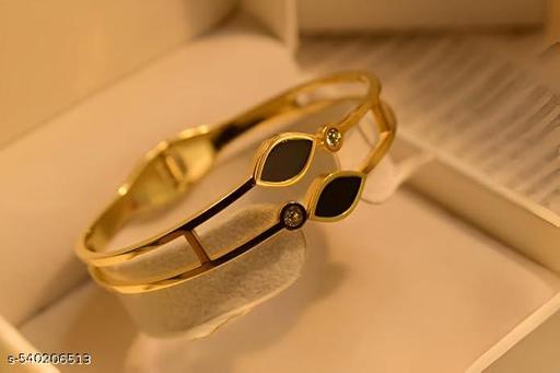 Statement Gold Bangle with Twin Black Enamel Leaves and Sparkling Crystals - amamestyle