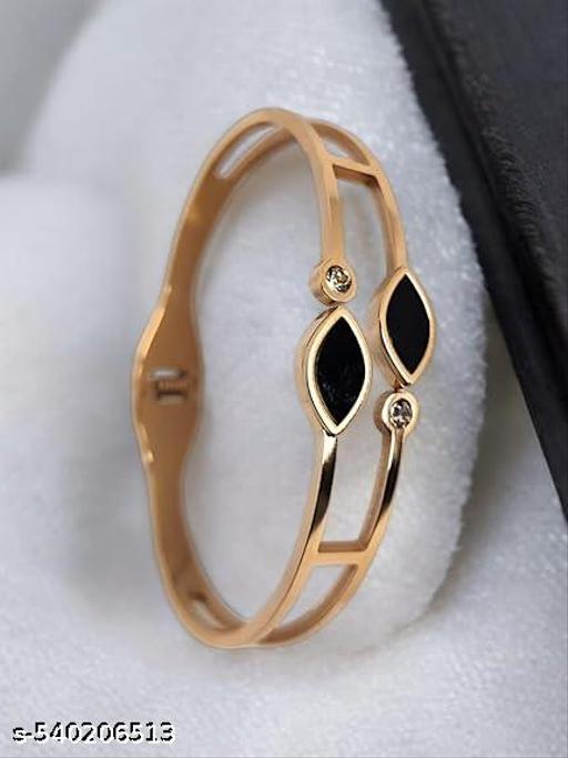 Statement Gold Bangle with Twin Black Enamel Leaves and Sparkling Crystals - amamestyle