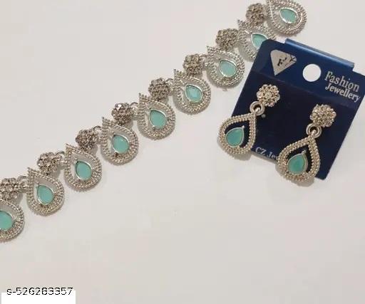 Rhodium Patted Necklace Jewellry Set In Pista Mint Green colour - amamestyle