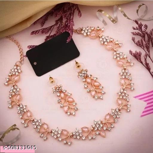 Beautiful necklace set, Rose Gold Necklace American Diamond necklace set, diamond necklace, Indian jewelry diamond earrings, sauth indian jewellery for women wedding necklace set - amamestyle