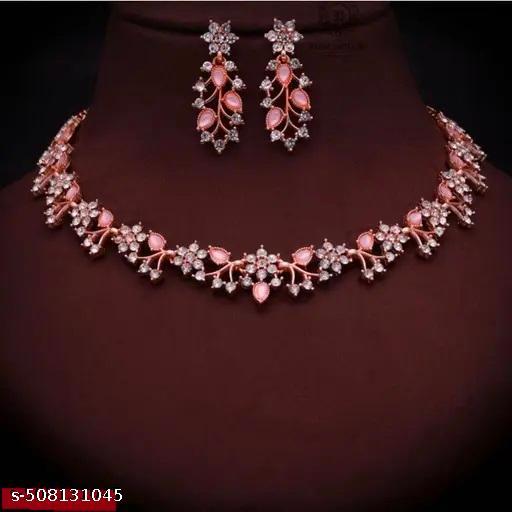 Beautiful necklace set, Rose Gold Necklace American Diamond necklace set, diamond necklace, Indian jewelry diamond earrings, sauth indian jewellery for women wedding necklace set - amamestyle